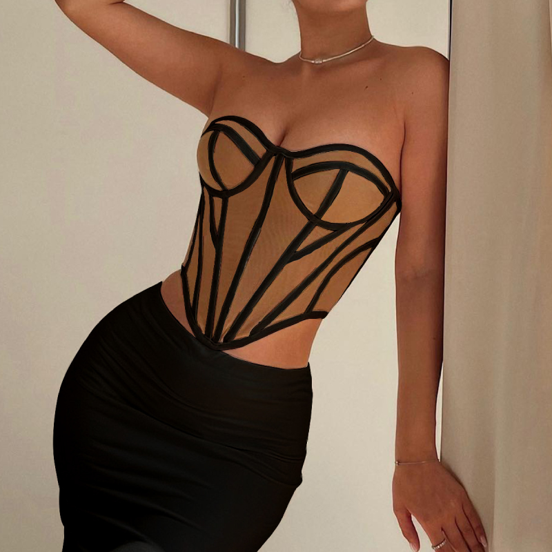 Black Corset with Contrast Stitch & Open Back Design – Sexy Bustier for Women