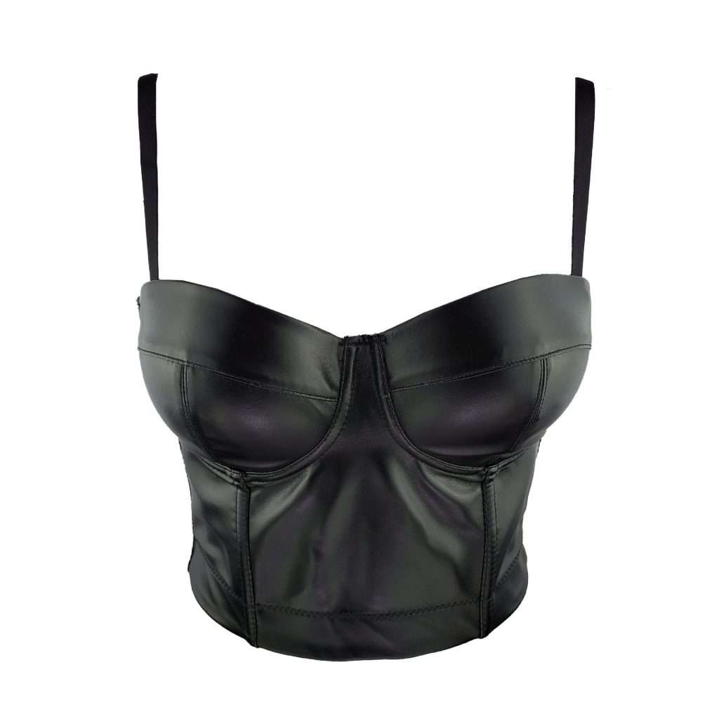 Black Corset in PU Leather – Clubwear Style Crop Top with Midriff Cut Out