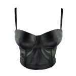 Black Corset in PU Leather – Clubwear Style Crop Top with Midriff Cut Out