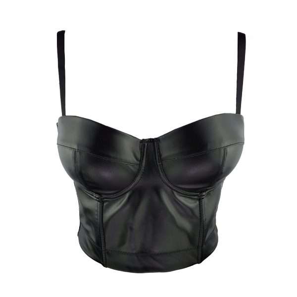 Black Corset in PU Leather – Clubwear Style Crop Top with Midriff Cut Out