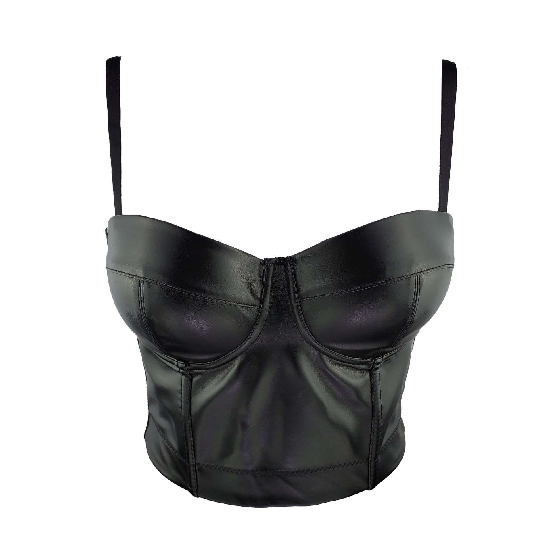 Black Corset in PU Leather – Clubwear Style Crop Top with Midriff Cut Out