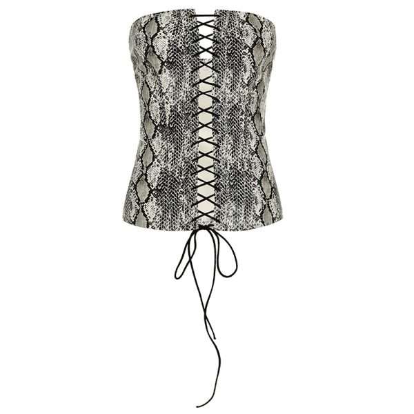 Black Corset with Animal Print PU Leather & Eyelet Lace-Up Front – Sexy Crop Top for Women