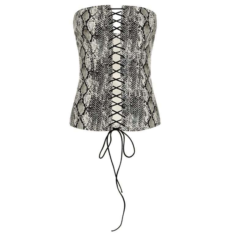 Black Corset with Animal Print PU Leather & Eyelet Lace-Up Front – Sexy Crop Top for Women