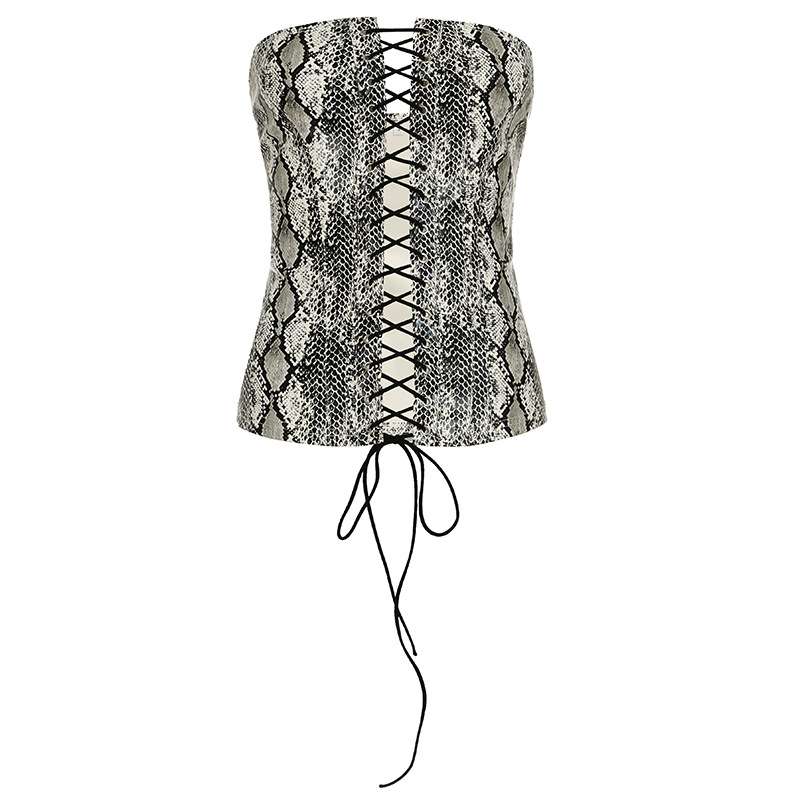 Black Corset with Animal Print PU Leather & Eyelet Lace-Up Front – Sexy Crop Top for Women