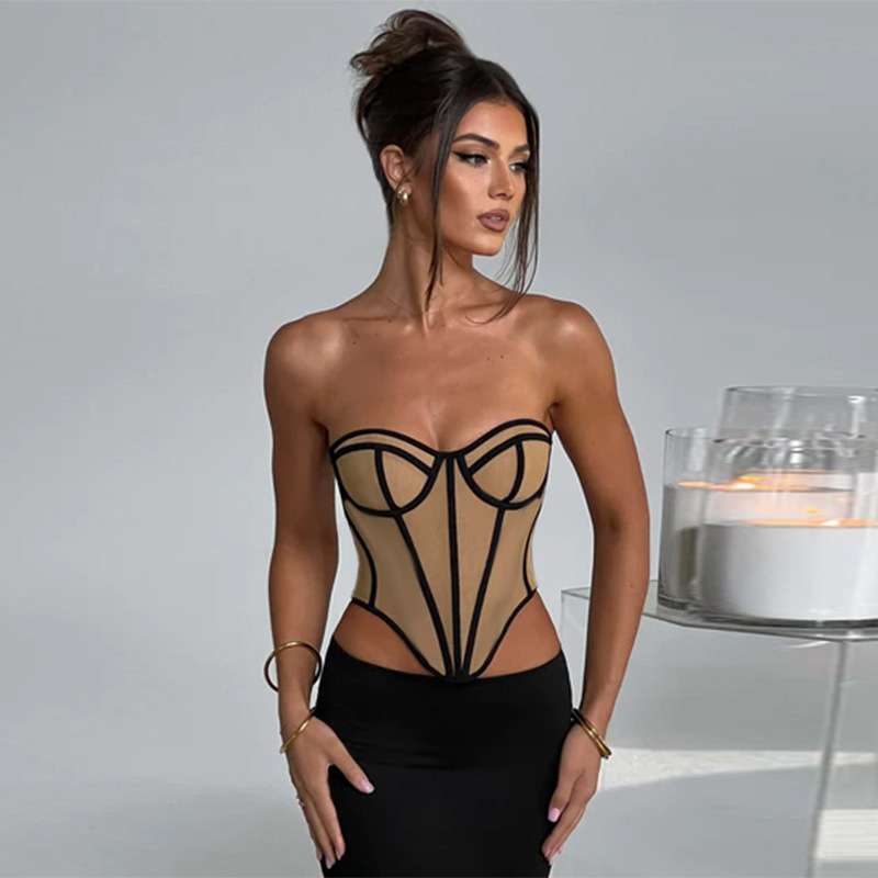 Black Corset with Contrast Stitch & Open Back Design – Sexy Bustier for Women