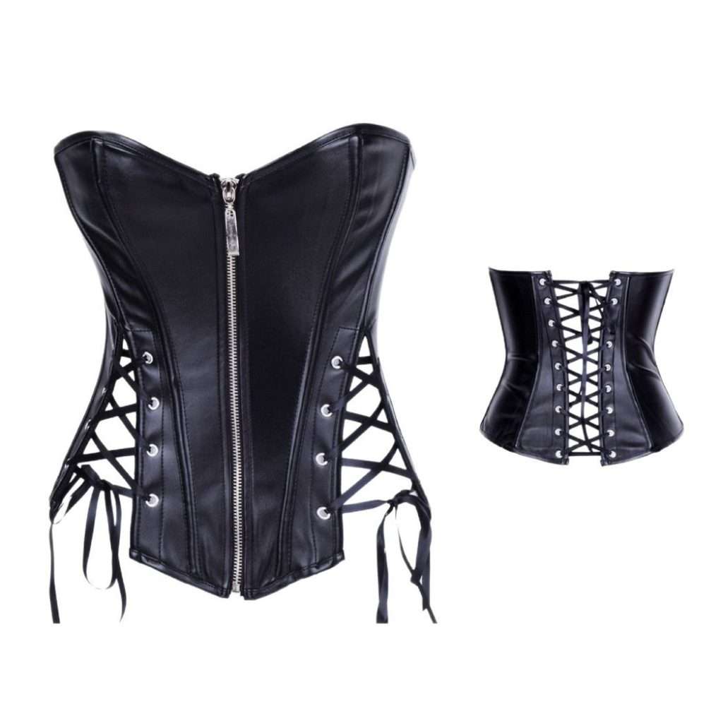 Black Corset with Punk PU Style – Strapless Waist Cincher