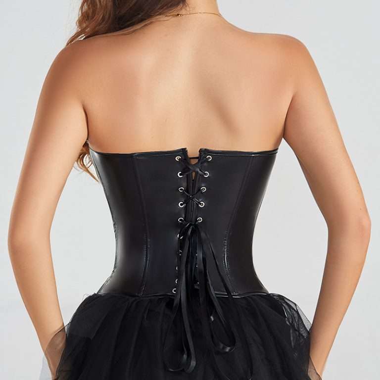 Black Corset with Punk PU Style – Strapless Waist Cincher