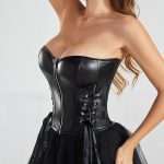 Black Corset with Punk PU Style – Strapless Waist Cincher
