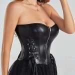 Black Corset with Punk PU Style – Strapless Waist Cincher