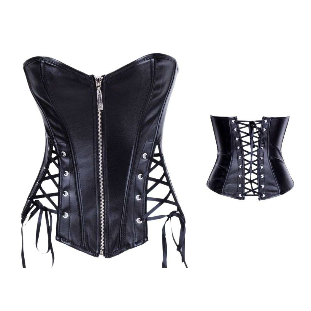 Black Corset with Punk PU Style – Strapless Waist Cincher