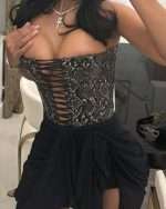 Black Corset with Animal Print PU Leather & Eyelet Lace-Up Front – Sexy Crop Top for Women
