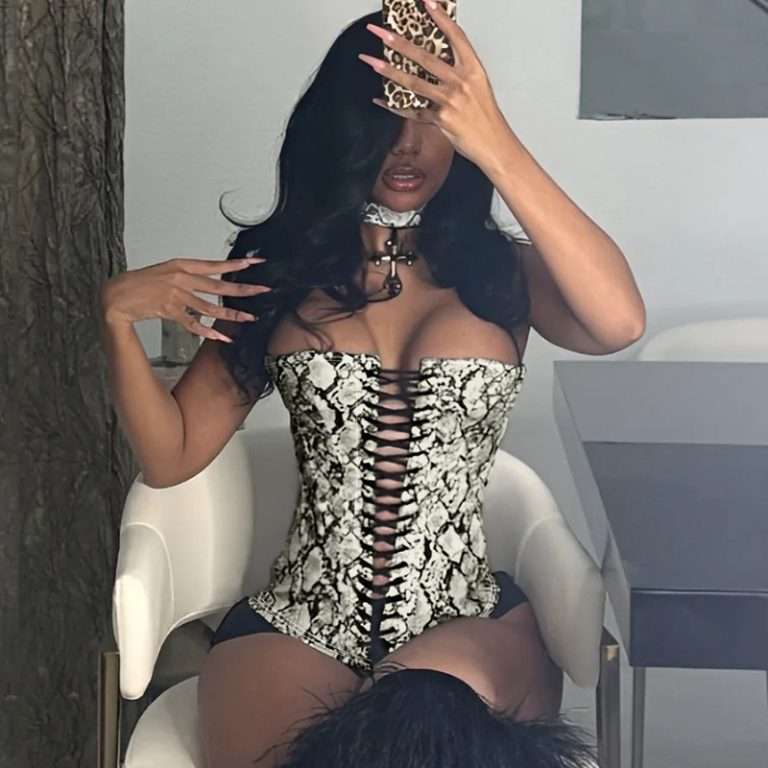 Black Corset with Animal Print PU Leather & Eyelet Lace-Up Front – Sexy Crop Top for Women